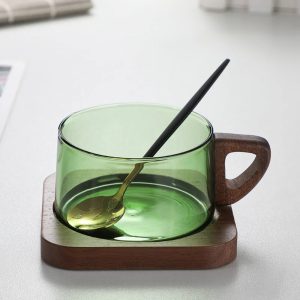 200ml Glass American Latte Coffee Cup with Wooden Tray – Heat-Resistant Luxury Coffee Mug - Light Green