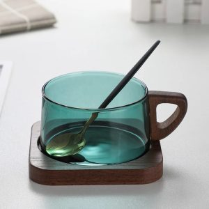 200ml Glass American Latte Coffee Cup with Wooden Tray – Heat-Resistant Luxury Coffee Mug - Green