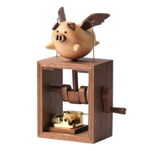 Handcrafted Wooden Flying Pig Music Box – Unique Hand-Cranked Ornament & Gift